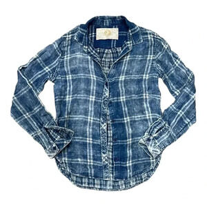 Bella Dahl Blue Acid Wash Plaid Layered Muslin Cotton Button Down XS